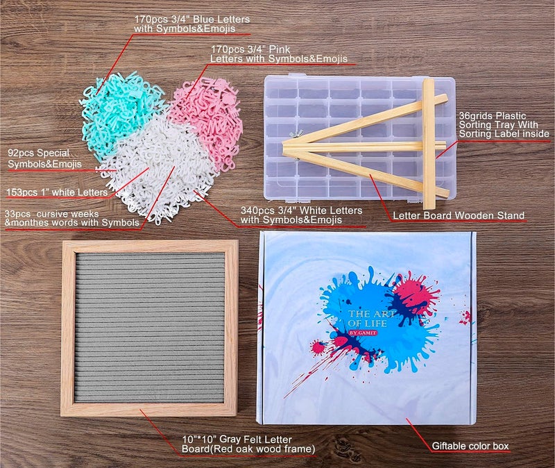 G GAMIT Felt Letter Board Message Board 10x10inch with Stand,Pre-cut&Sorted 805pcs White,Blue&Pink Changeable Letters+Weeks &Months Cursive Words,Word board Sign board with Sorting Tray&Gift Box(Gray) - Image 2